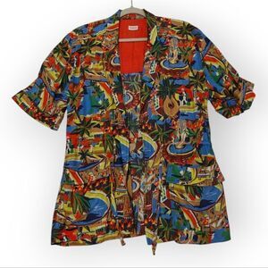 Tobria Lyocell Hawaiian Vibrant Red and Blue Casual Top Jacket Open Shirt Sz L